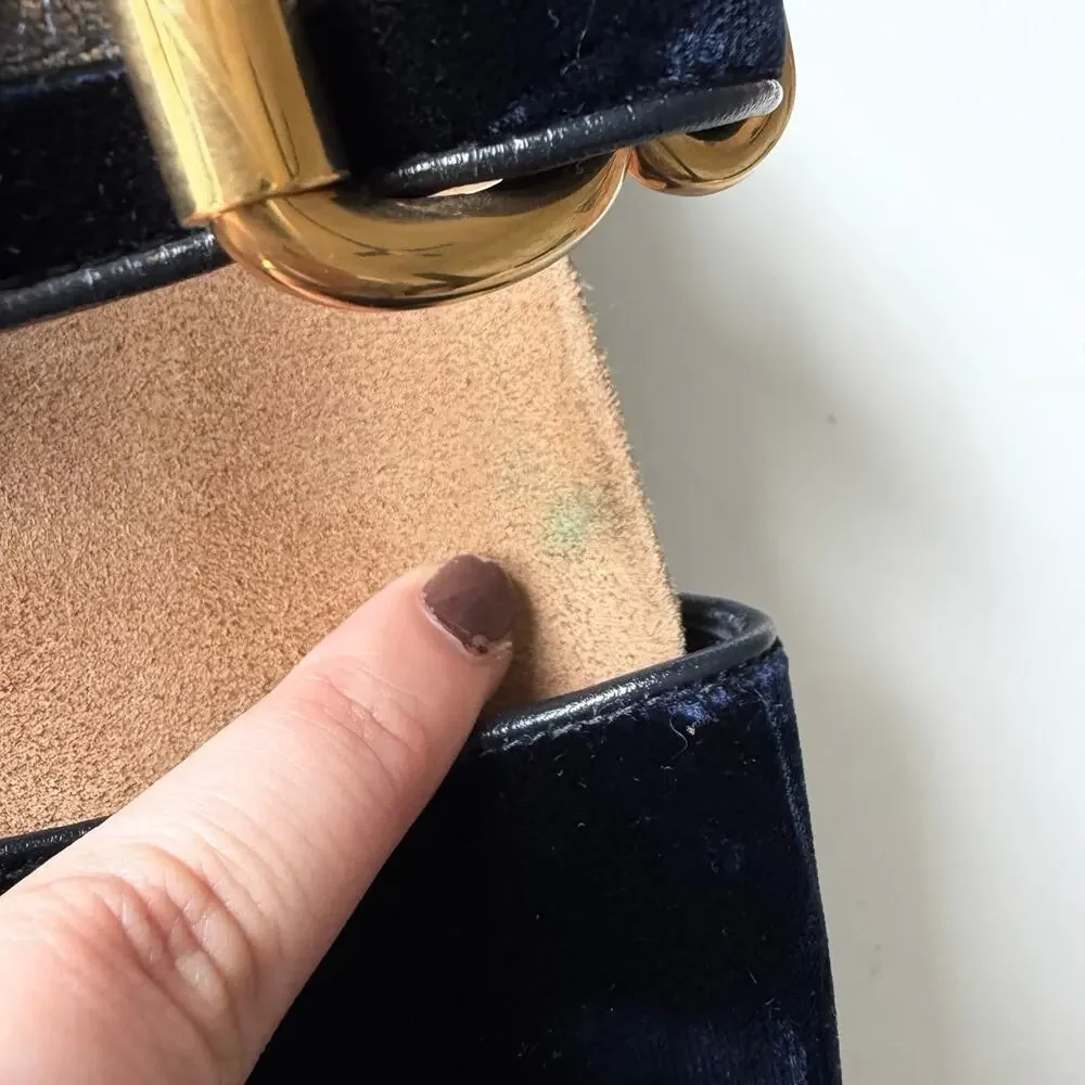 Prada (38) Navy Velvet Platform Sandals Double Strap Gold Buckle Comfortable